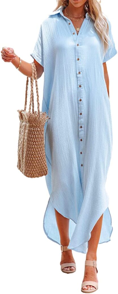 Dokotoo Womens Casual Short Sleeve Side Split Button Down Long Kimonos Cardigans Swimsuit Cover Ups